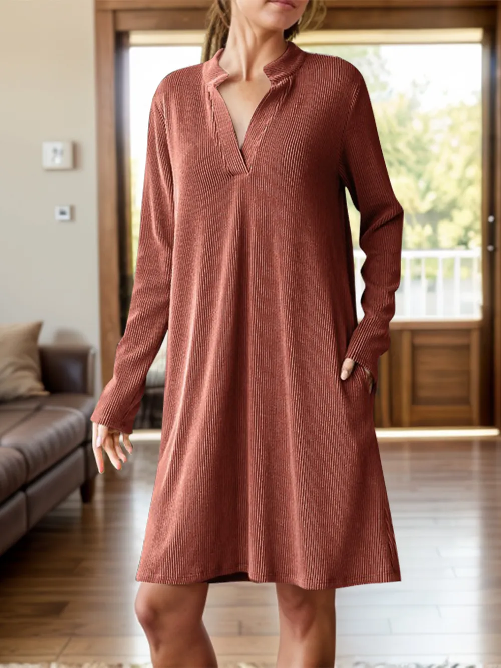 Notched Long Sleeve Mini Dress with Pockets, image 3