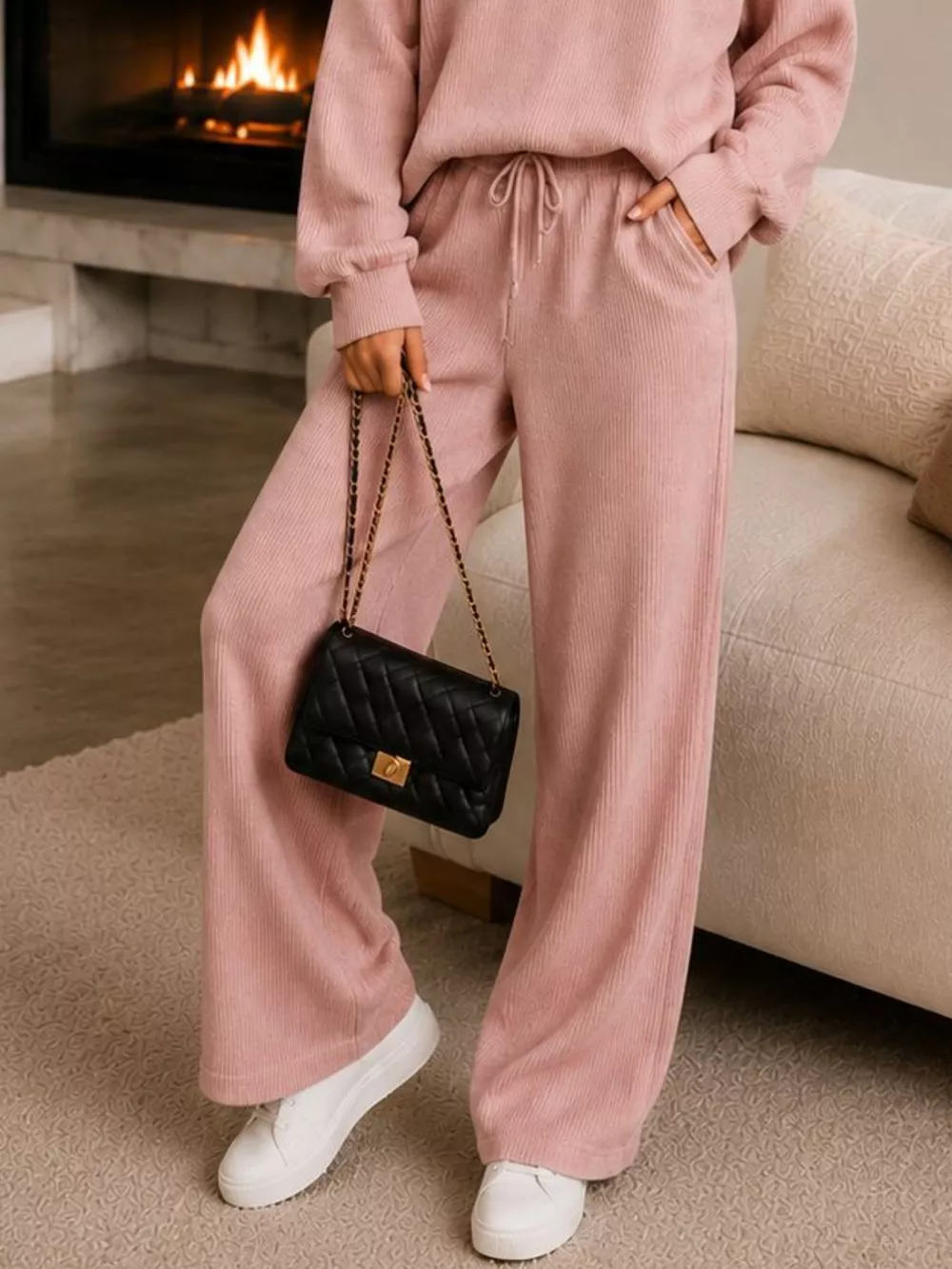 Ribbed Knit Quarter-Zip Top and Wide-Leg Pants Set, image 20
