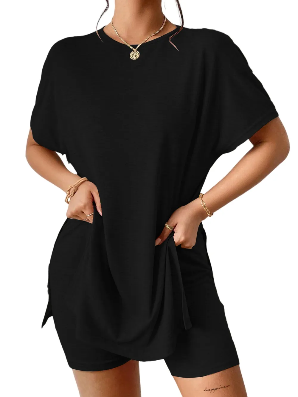 Slit Round Neck Short Sleeve Oversized Top and Shorts Set, image 10