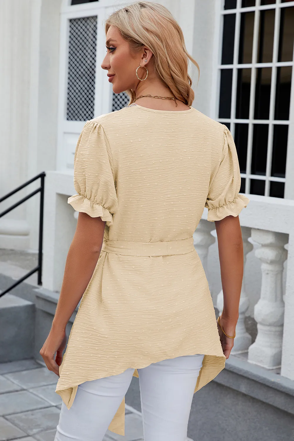 Swiss Dot Tie Waist Flounce Sleeve Blouse, image 20