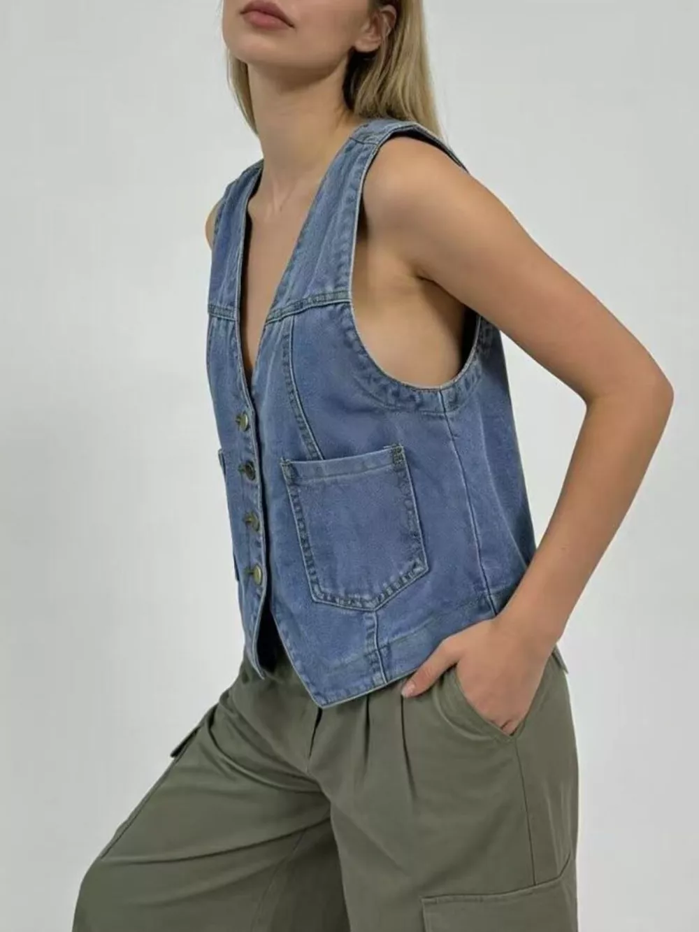Plus Size Button-Down Denim Vest, image 4