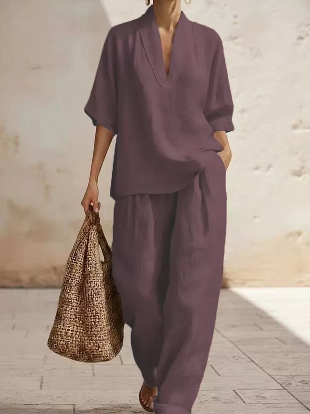 Full Size Half Sleeve Top and Wide Leg Pants Set Plus Size, image 4