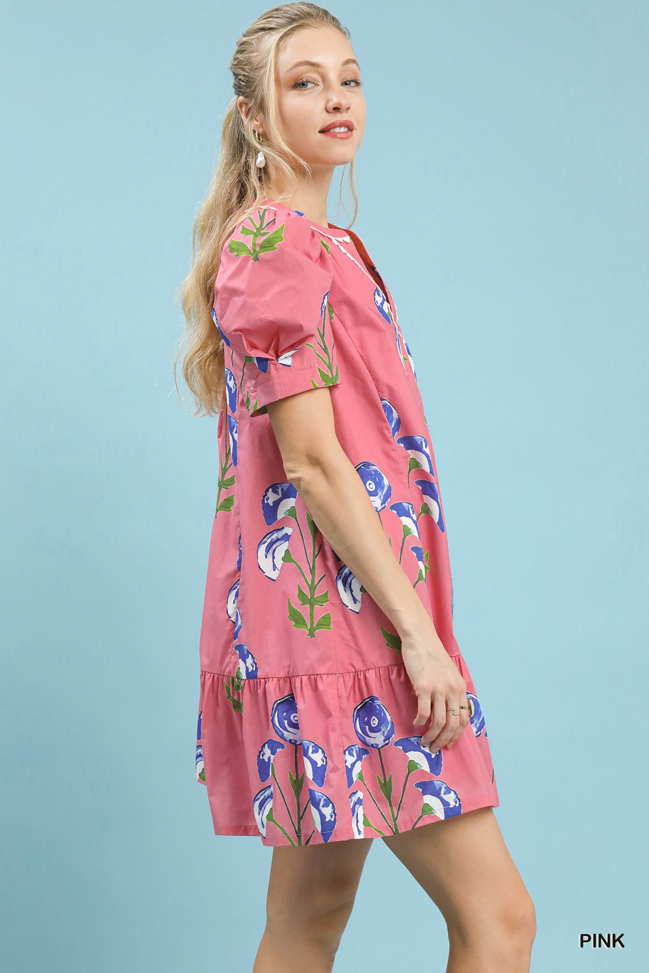 Floral Print Puff Sleeve Mini Dress with Scallop Trim, image 5