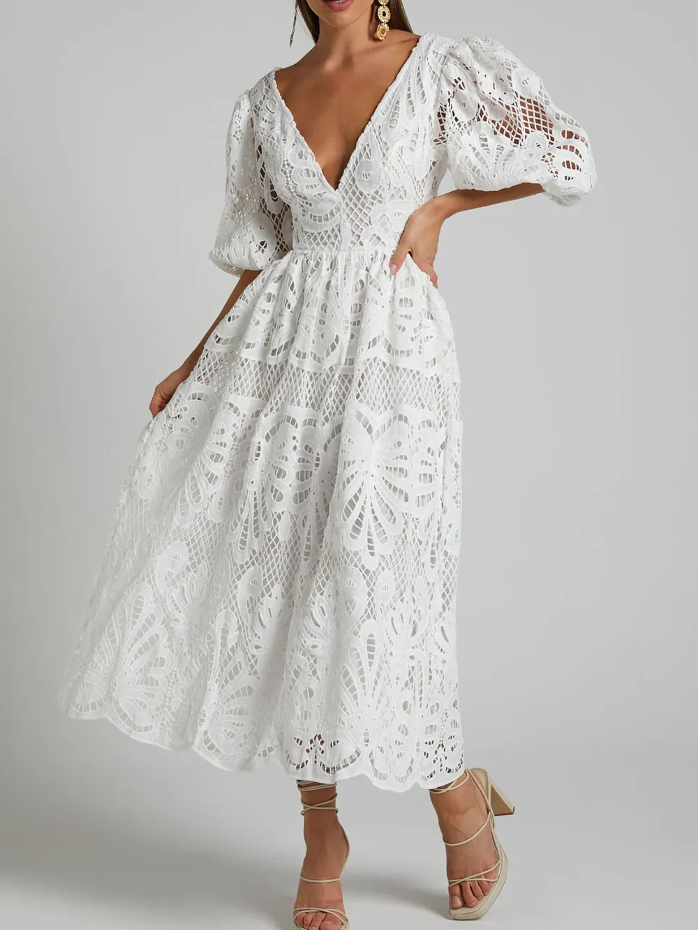 Cutout Back Lace Crochet V-Neck Dress, image 18