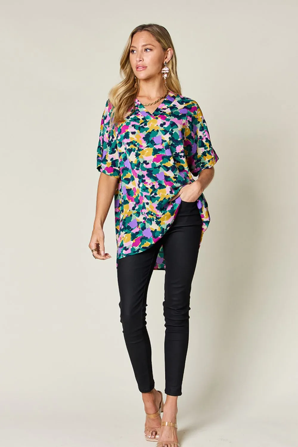 Full Size Printed V-Neck Short Sleeve Side Slit Top, image 6