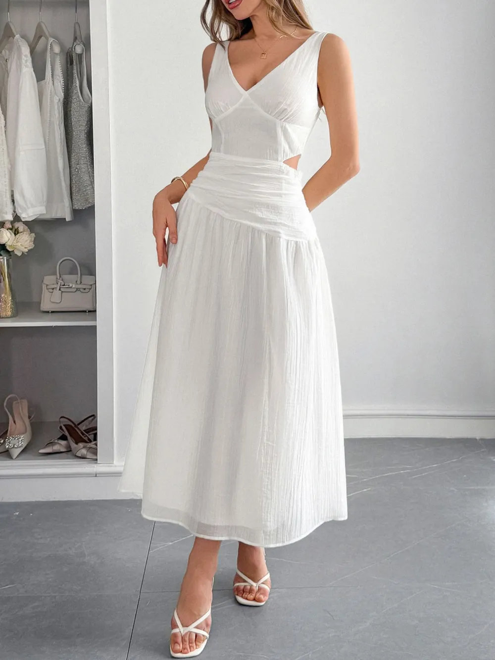Cutout V-Neck Sleeveless Midi Dress