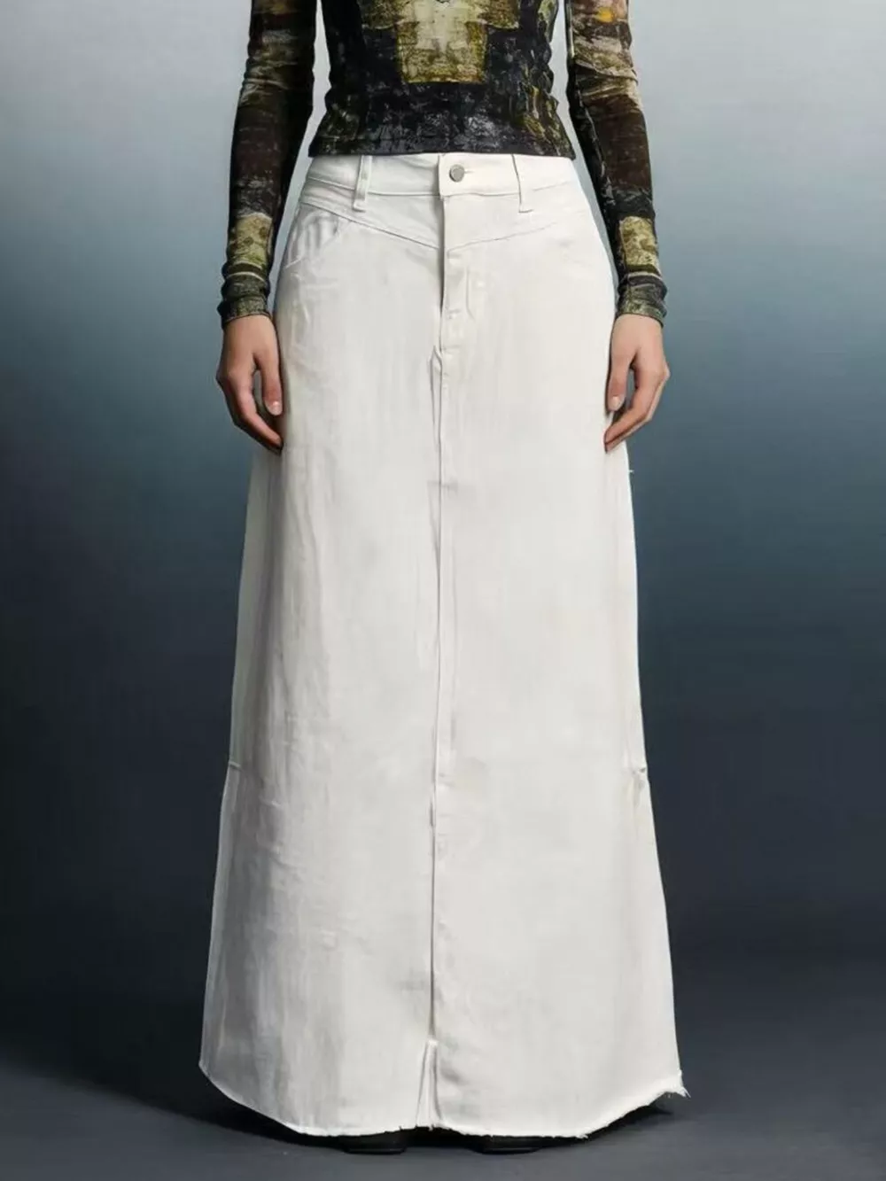Raw Hem Maxi Denim Skirt, image 17