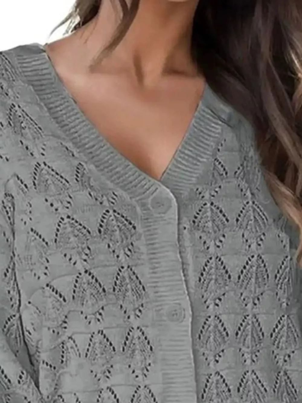 Chic V-Neck Openwork Button-Down Knit Cardigan, image 2