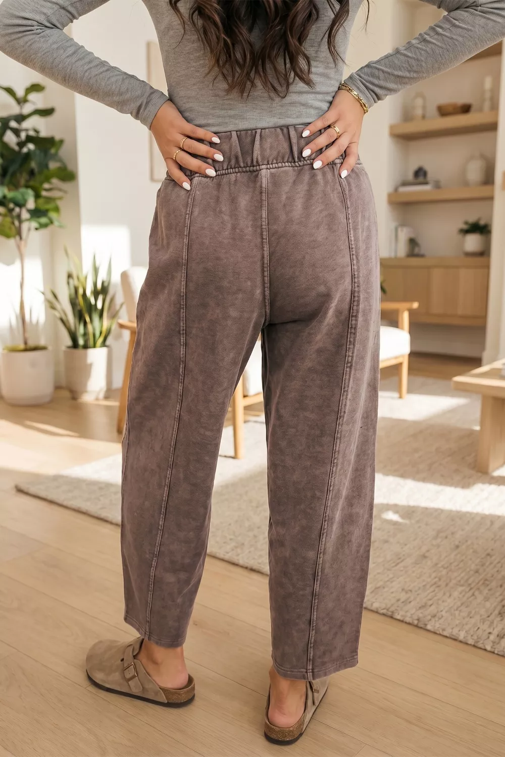 Mineral Wash Seam Detail Elastic Waist Barrel Pants, image 2