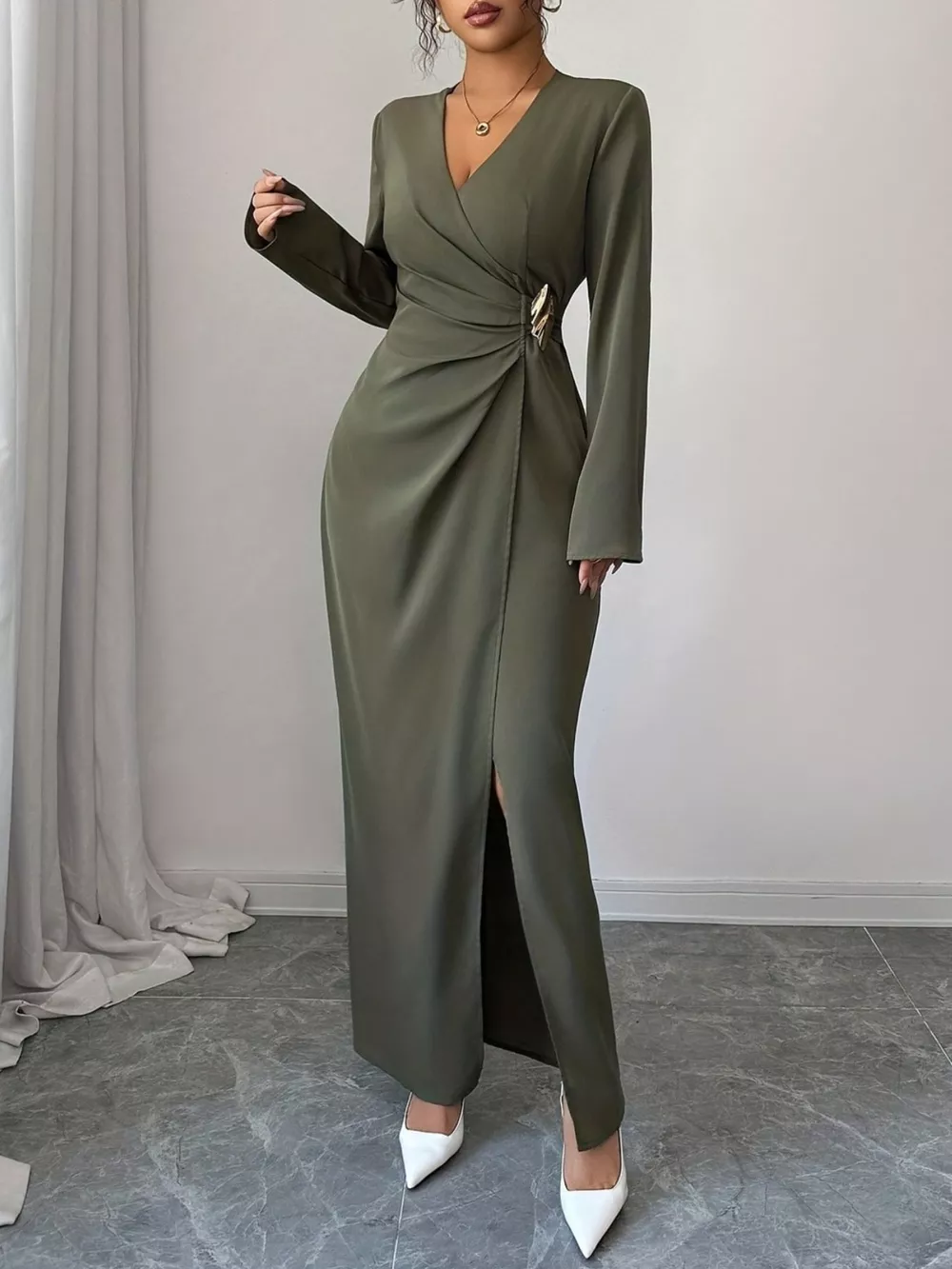 Slit Surplice Long Sleeve Maxi Dress, image 2