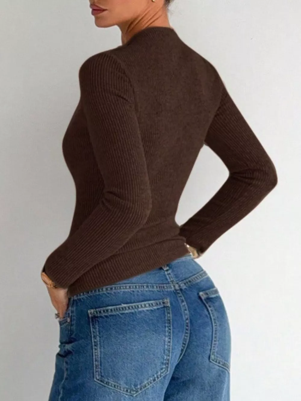 Ribbed Knit Long Sleeve T-Shirt with Metal Ring Cutout Detail, image 4