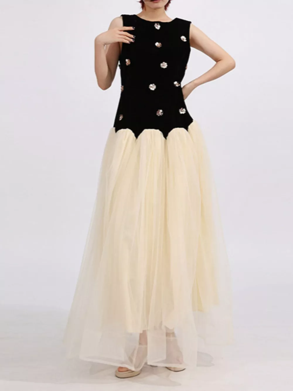 Contrast Flower Sleeveless Tulle Maxi Dress, image 4