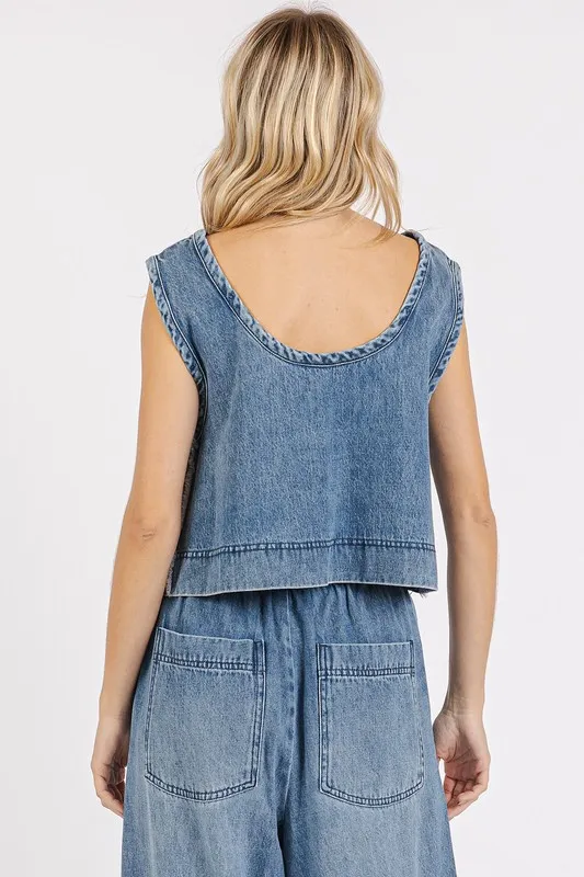 Washed Denim Distressed Detail Crop Tank, image 5