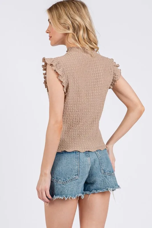 Ces Femme Texture Mock Neck Ruffle Cap Sleeve Blouse, image 4