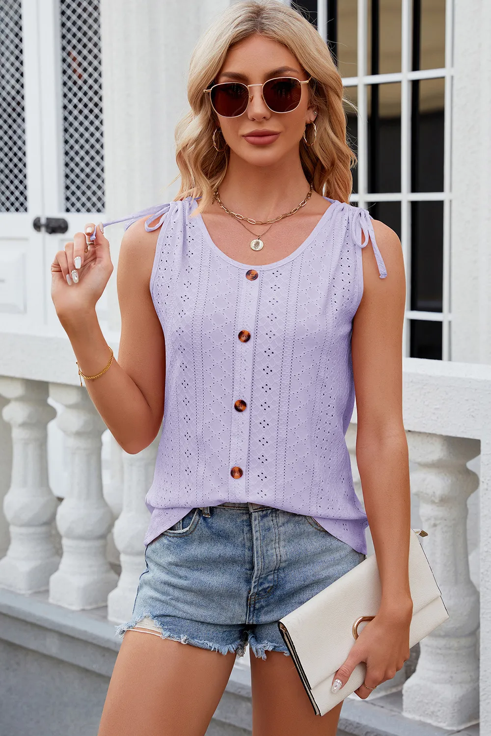 Eyelet Round Neck Wide Strap Tank, image 35