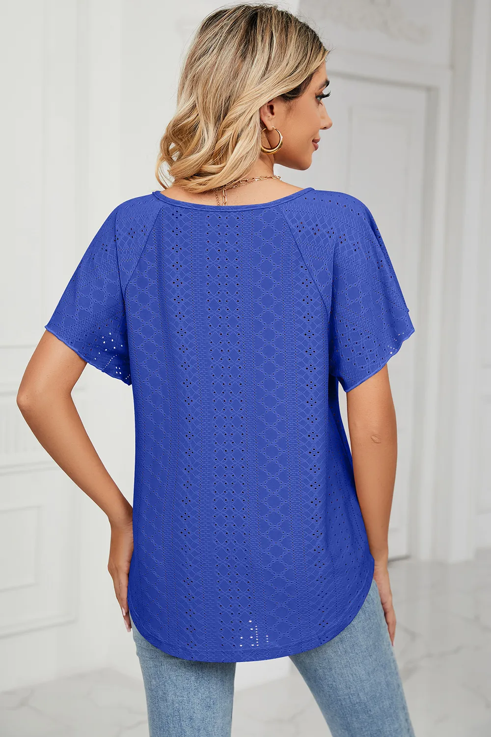 Eyelet Tie Neck Flutter Sleeve Blouse, image 3