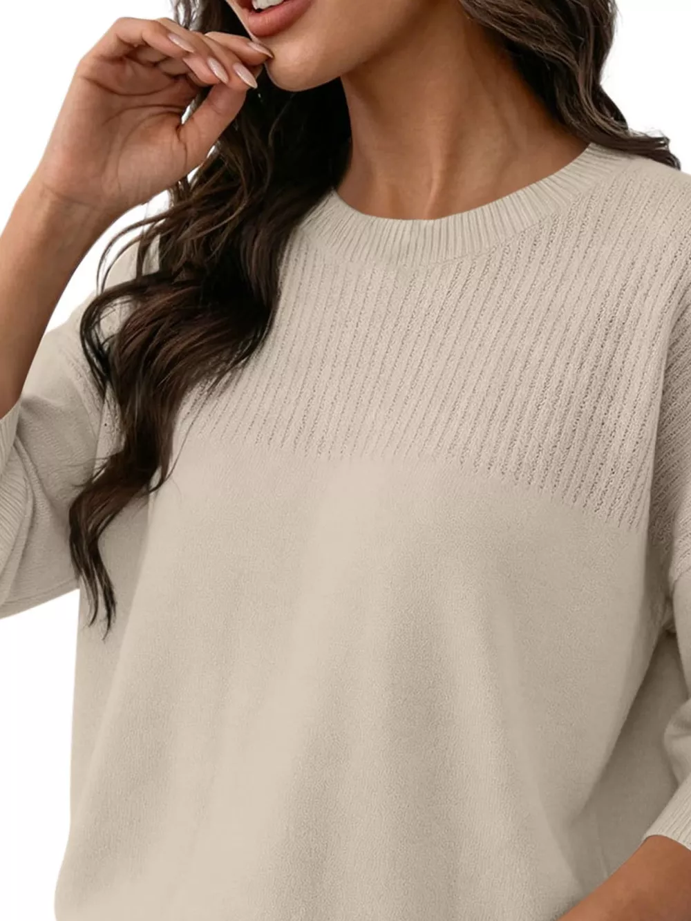 Elegant Crew Neck Eyelet Ribbed Sweater, image 17