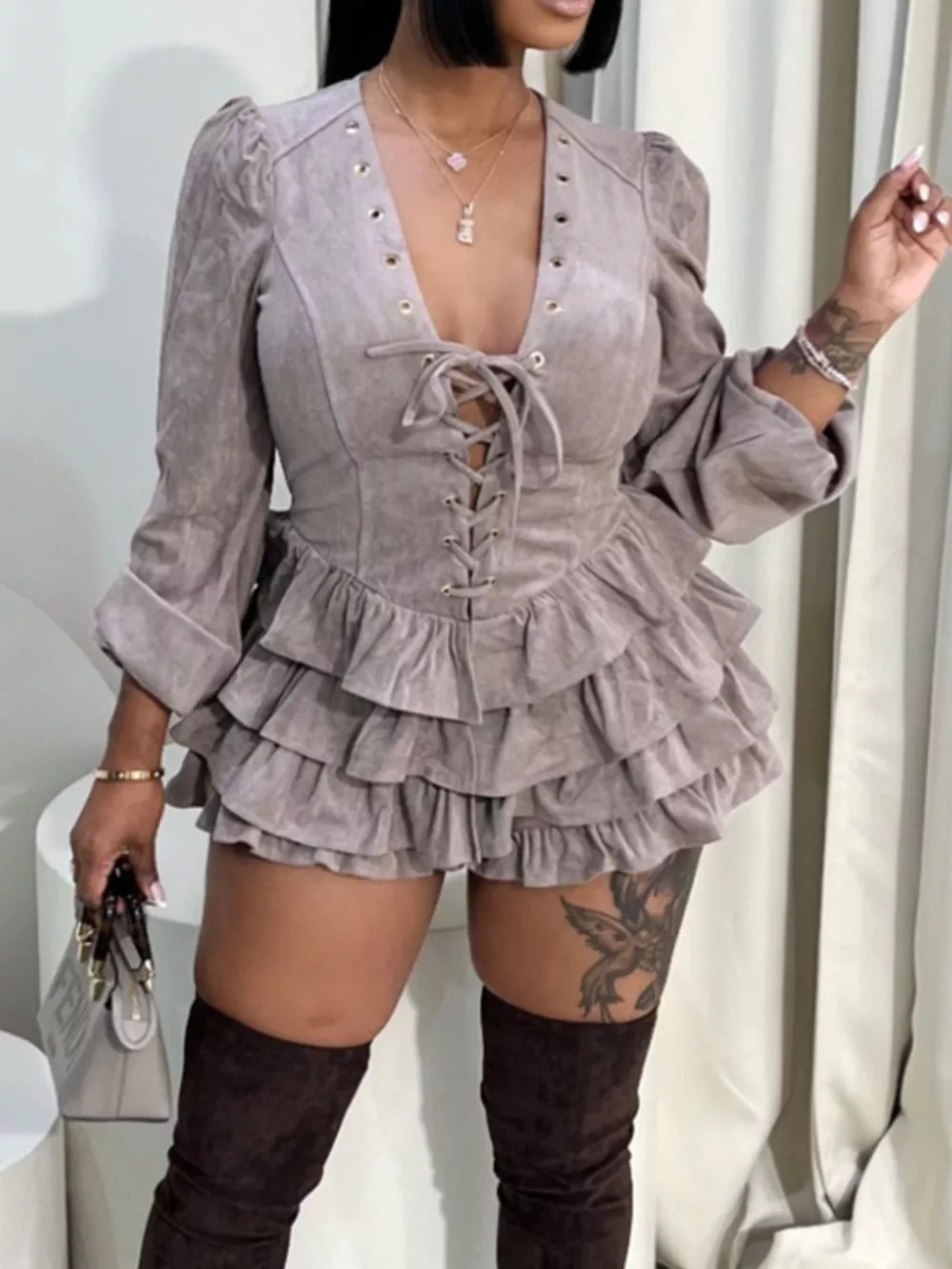 Lace-Up Ruffle Hem Long Sleeve Mini Dress, image 5