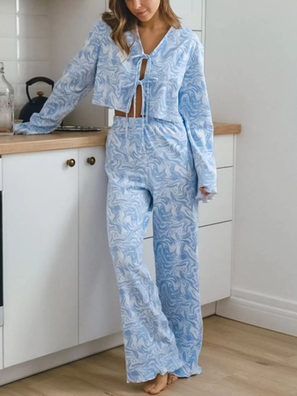 Tie Front Long Sleeve Top and Pants Lounge Set