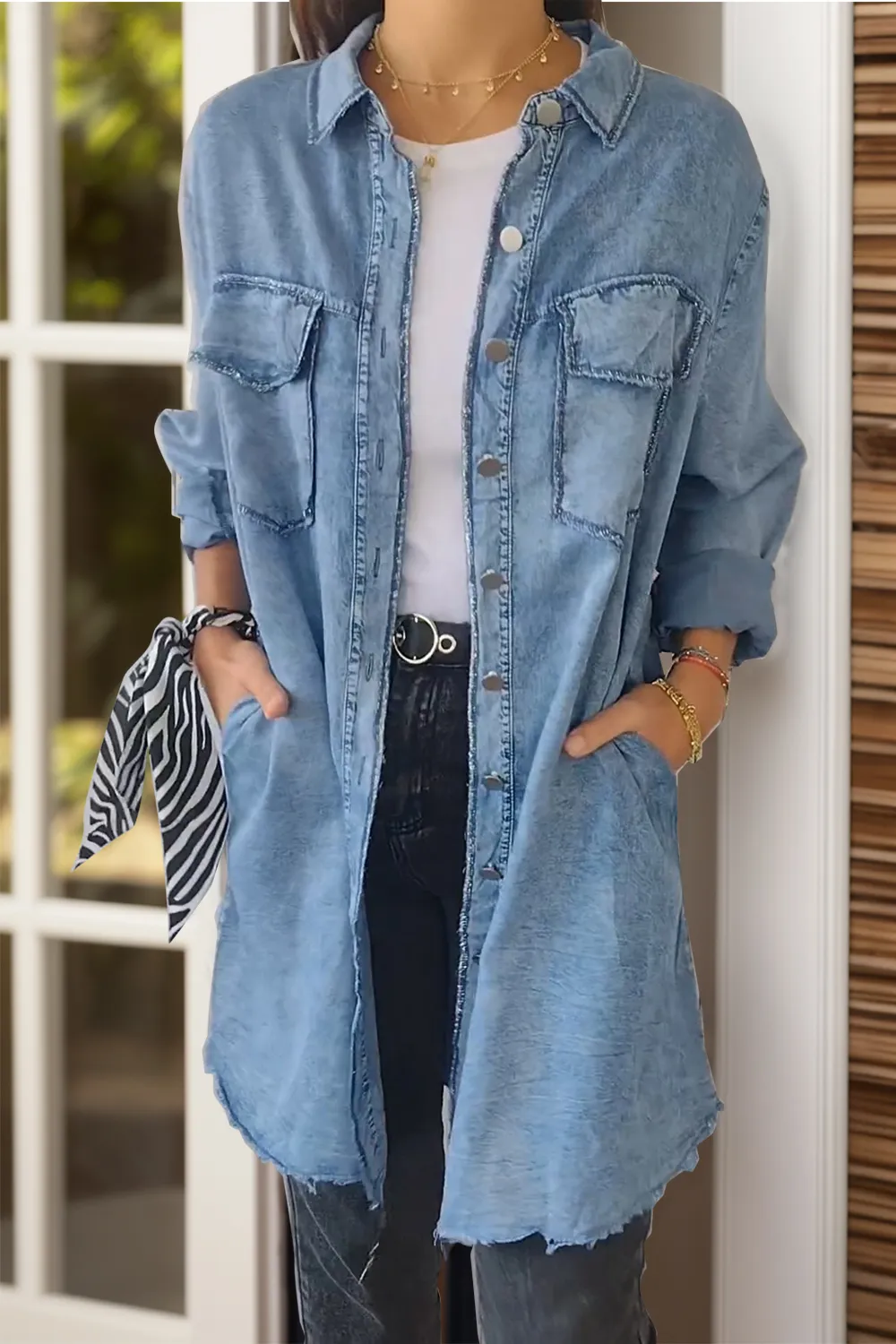 Full Size Pocketed Button Up Long Sleeve Denim Jacket, image 12