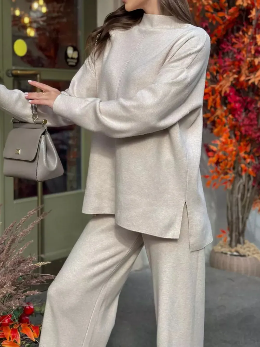 Slit Mock Neck Top and Pants Sweater Set, image 3