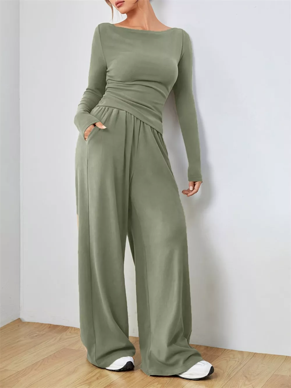 Casual Long Sleeve Top & Wide Leg Pants Set, image 9