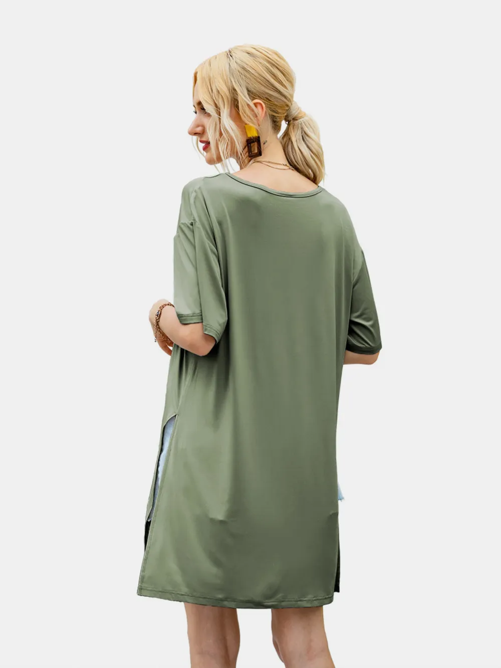 Slit Boat Neck Half Sleeve T-Shirt, image 4