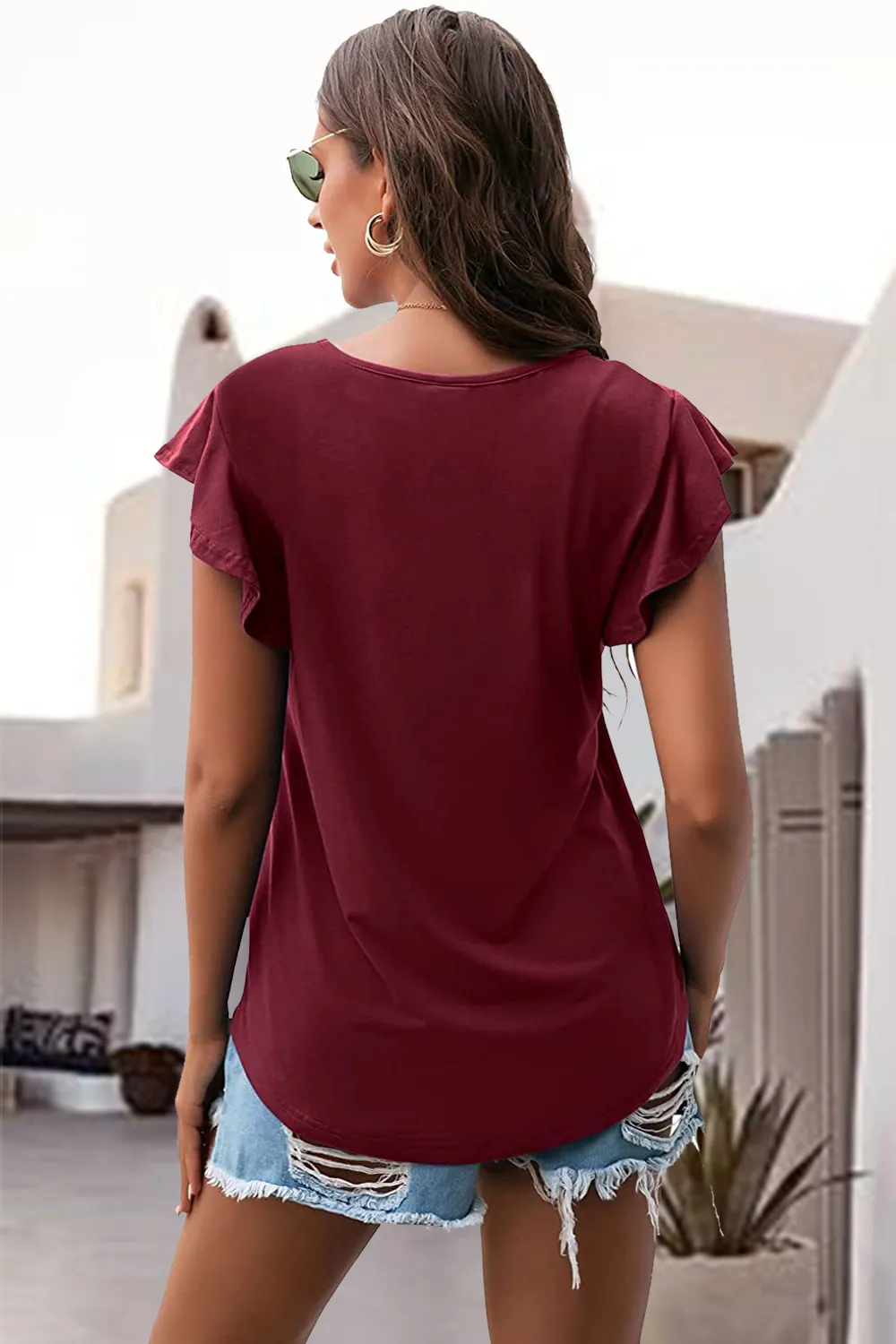 Ruffled Round Neck Cap Sleeve Blouse, image 35