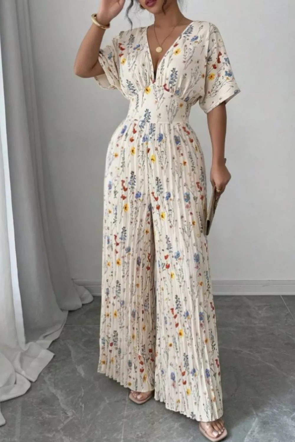 Floral Print Wide Leg Pleated Jumpsuit