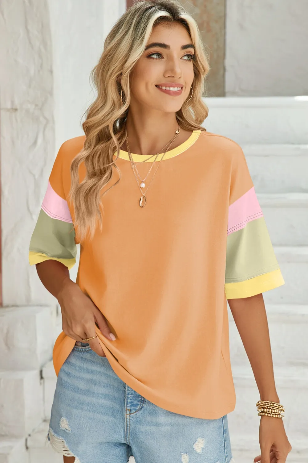 Color Block Round Neck Half Sleeve T-Shirt, image 6
