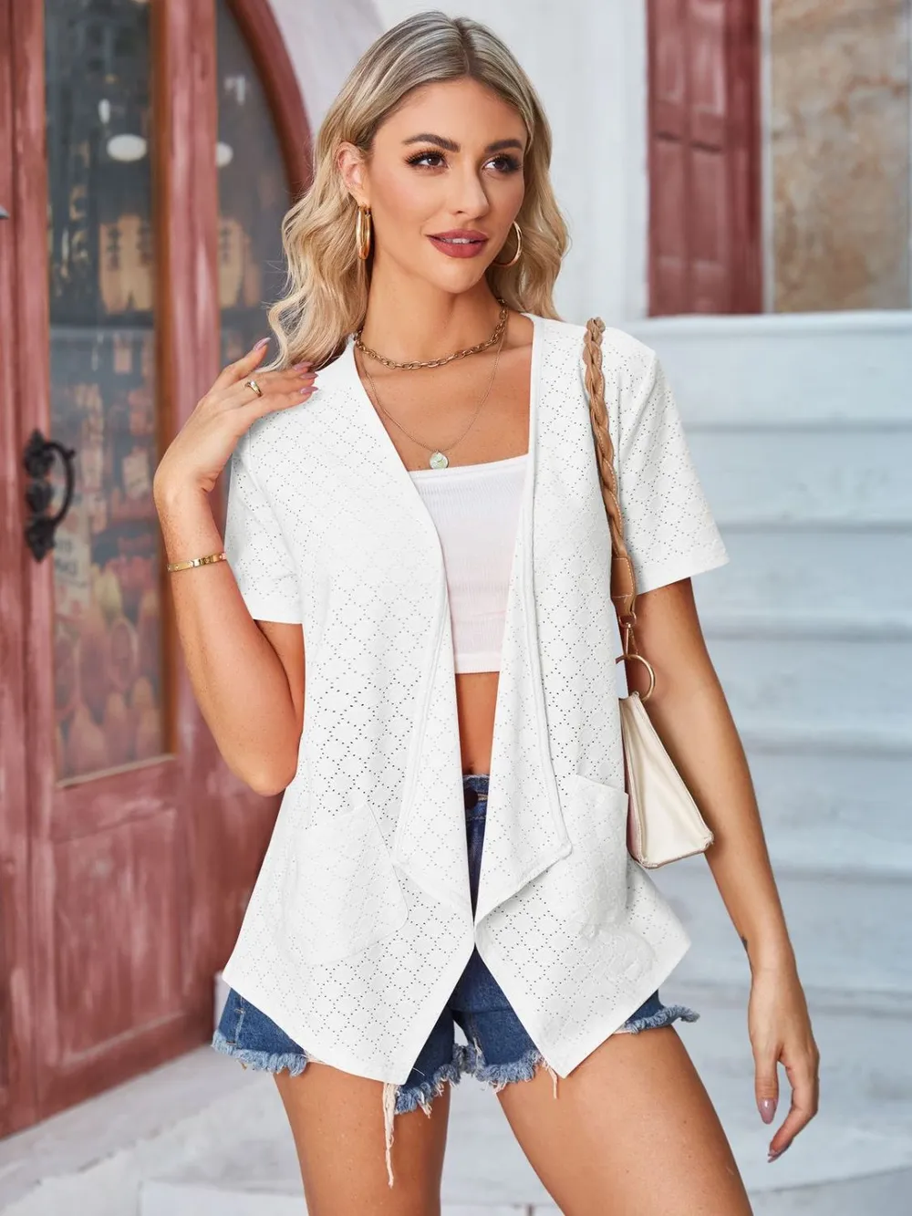 Eyelet Open Front Short Sleeve Cover Up, image 8
