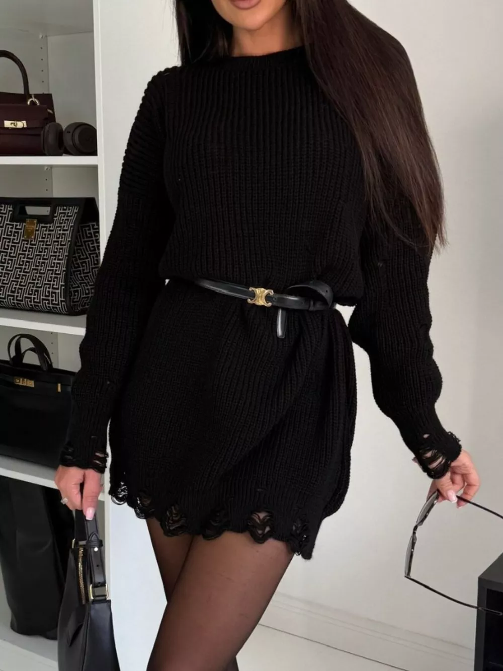 Distressed Round Neck Drop Shoulder Sweater Dress, image 17