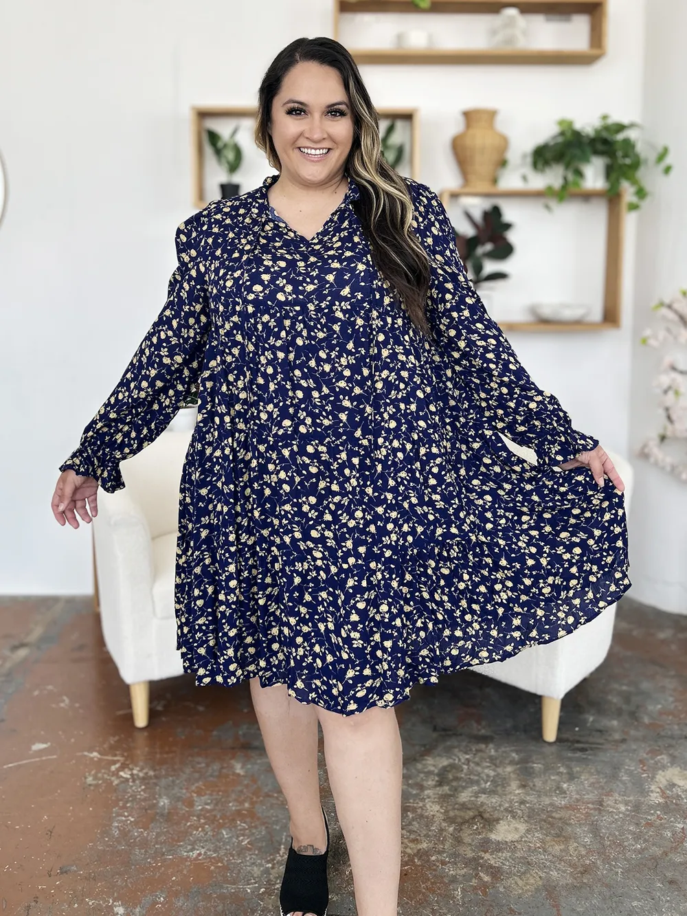 Full Size Printed Ruffle Hem Long Sleeve Tiered Dress, image 18