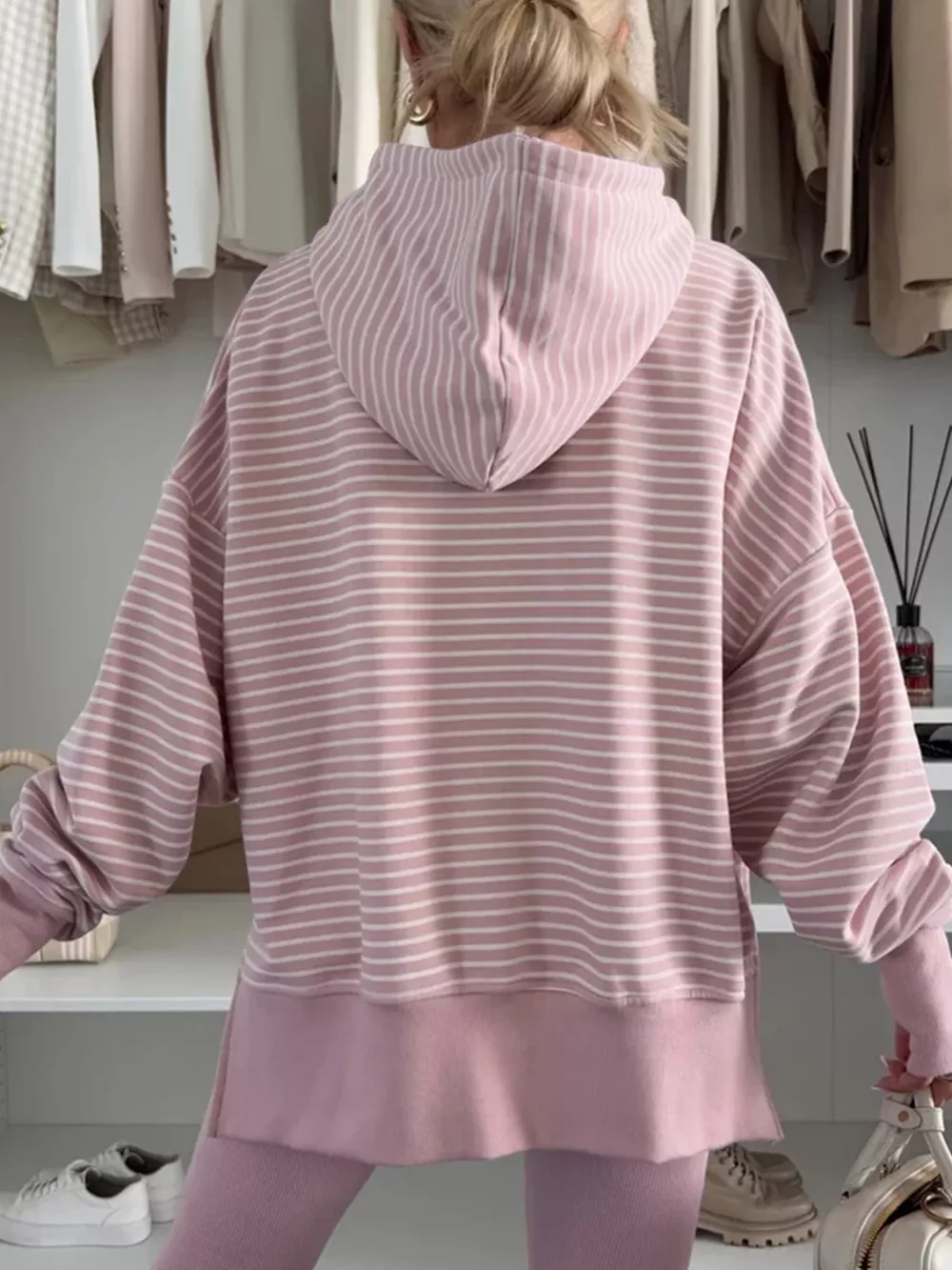 Stripe Thumbhole Side Slits Drop Shoulder Loose Fit Hoodie, image 11