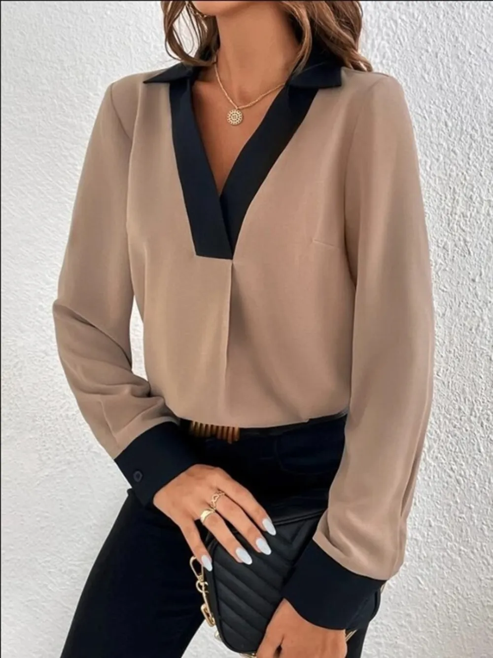 Contrast Trim V-Neck Long Sleeve Blouse, image 3