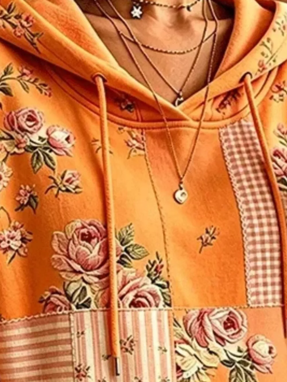 Full Size Drawstring Floral Dropped Shoulder Hoodie Plus Size, image 6