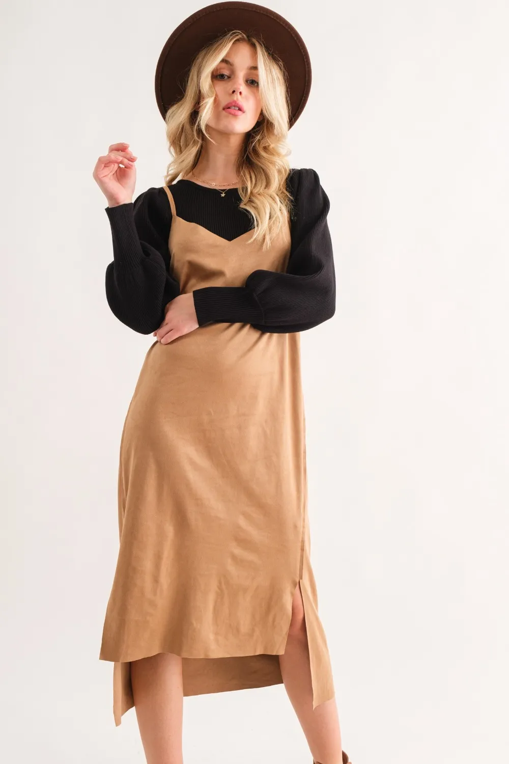 Faux Suede Cut Edge Slit Cami Midi Dress, image 3