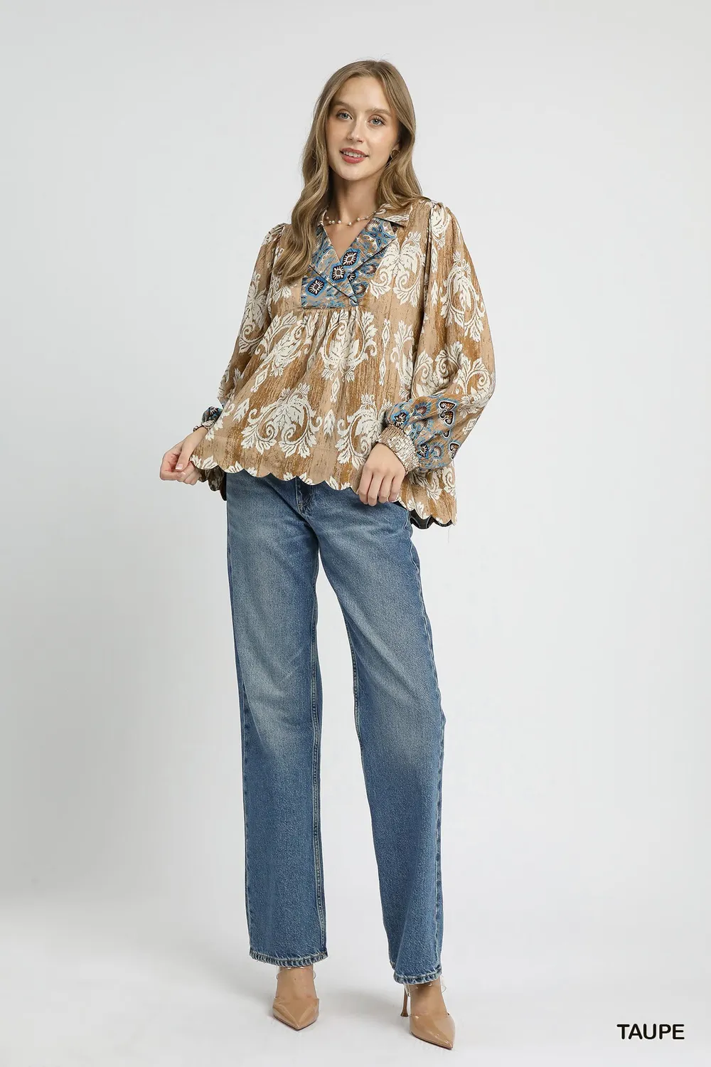 Floral Boho Blouse with Scalloped Hem, image 5