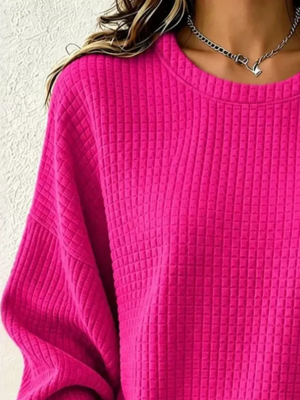 Full Size Waffle Knit Long Sleeve Crew Neck Sweatshirt Plus Size, image 9