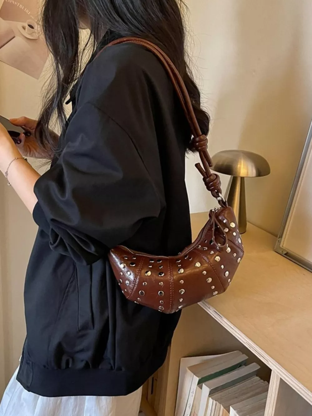 Studded Crescent Shoulder Bag, image 5
