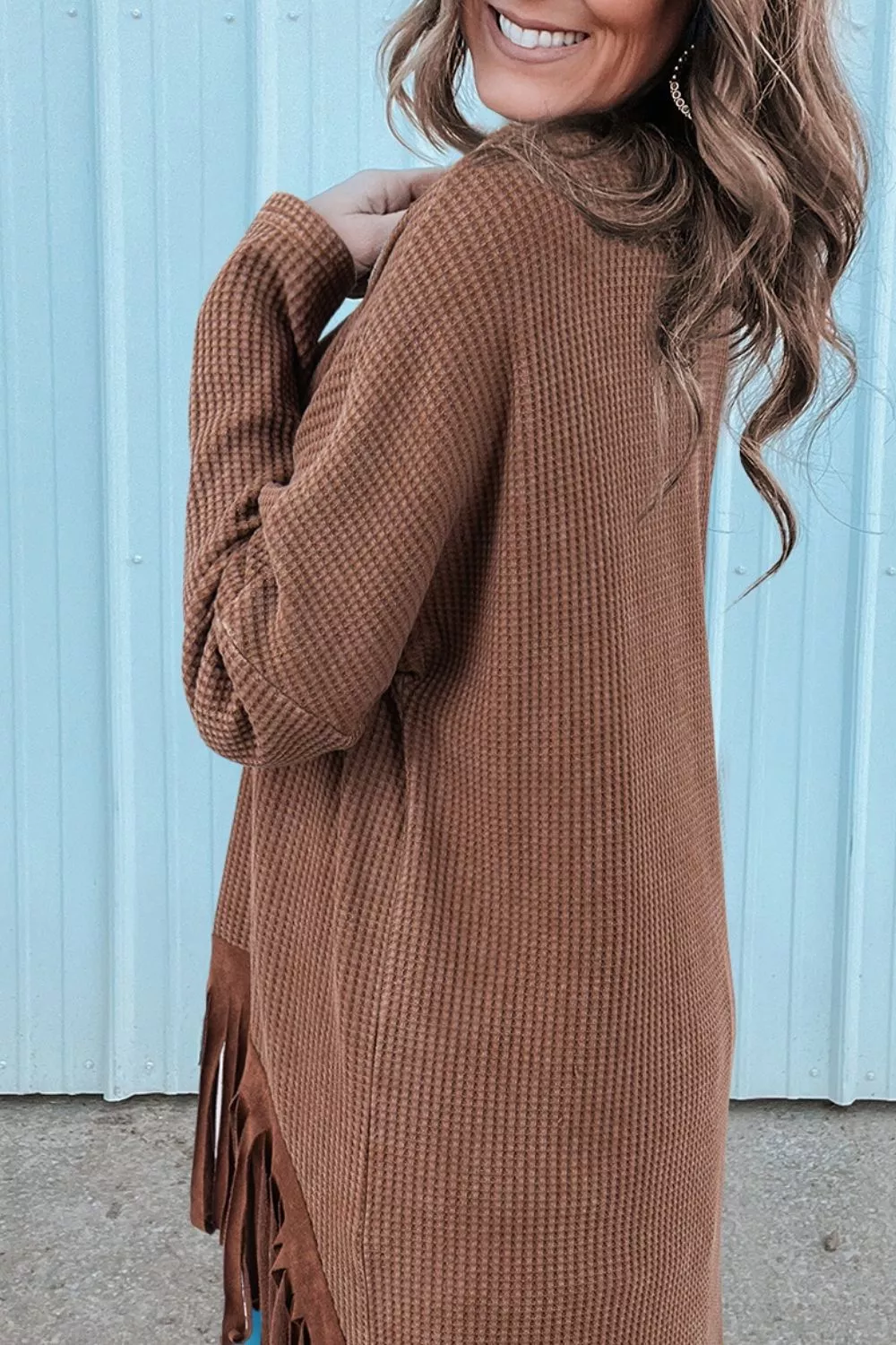 Waffle Knit Fringed High Low Loose Top, image 2