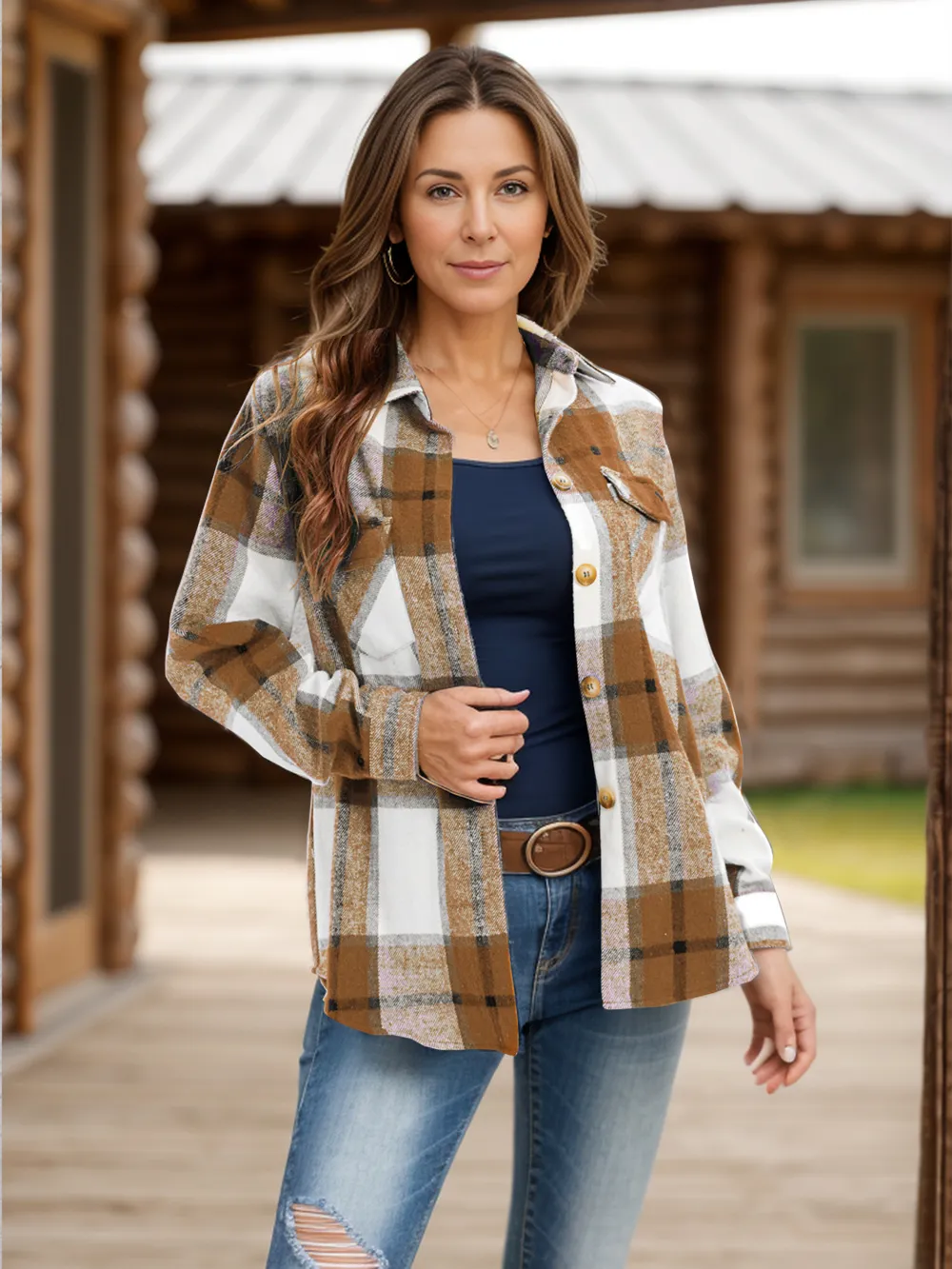 Full Size Pocketed Plaid Collared Neck Shacket, image 5
