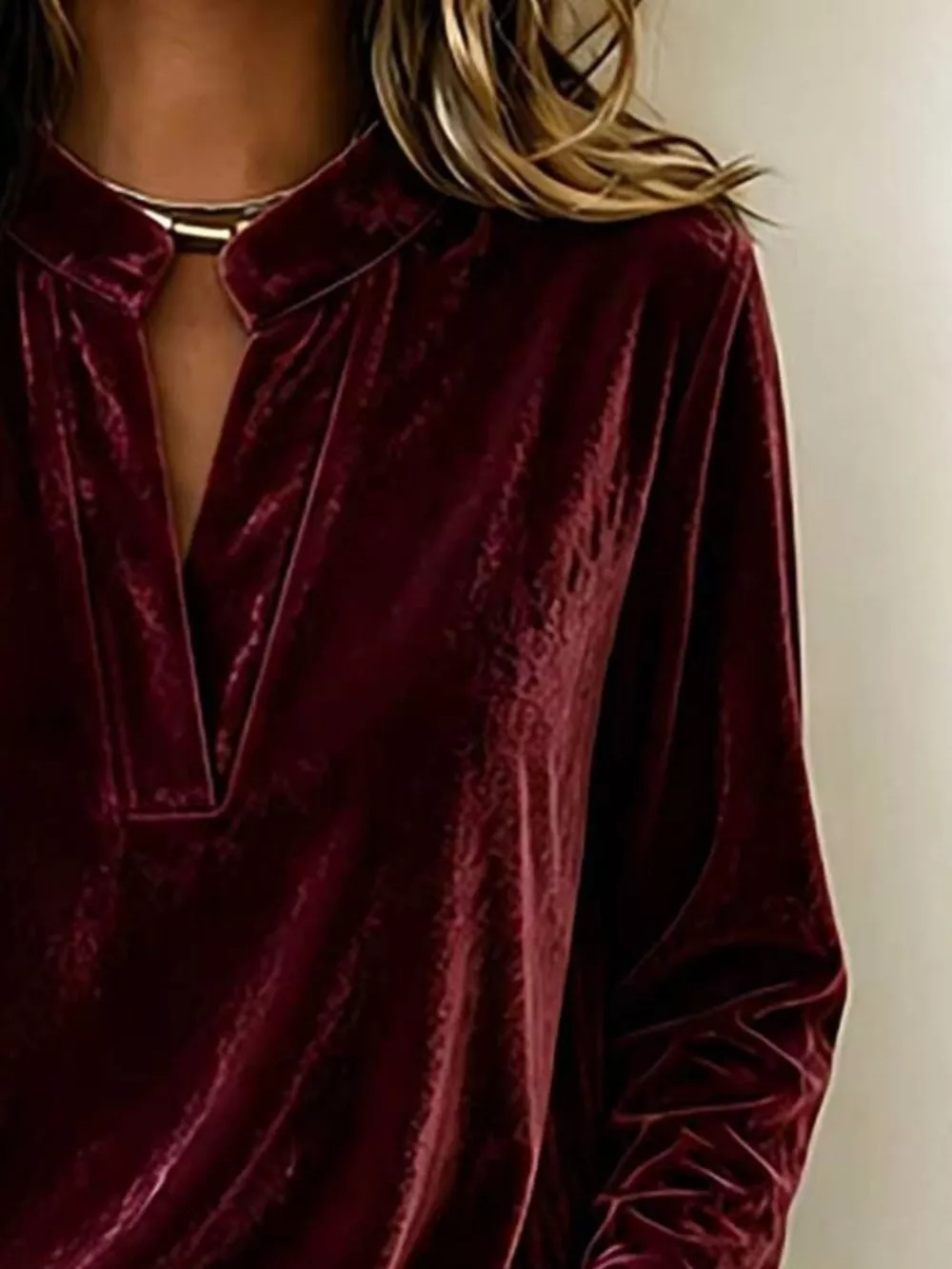 Full Size Velvet Notched Long Sleeve Blouse Plus Size, image 6