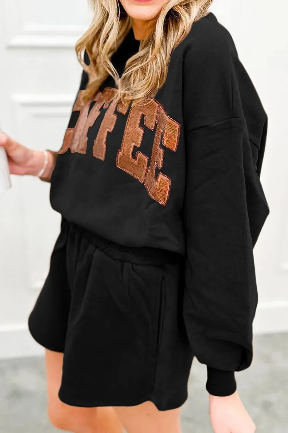 COFFEE Sequin Round Neck Long Sleeve Top and Shorts Set, image 8