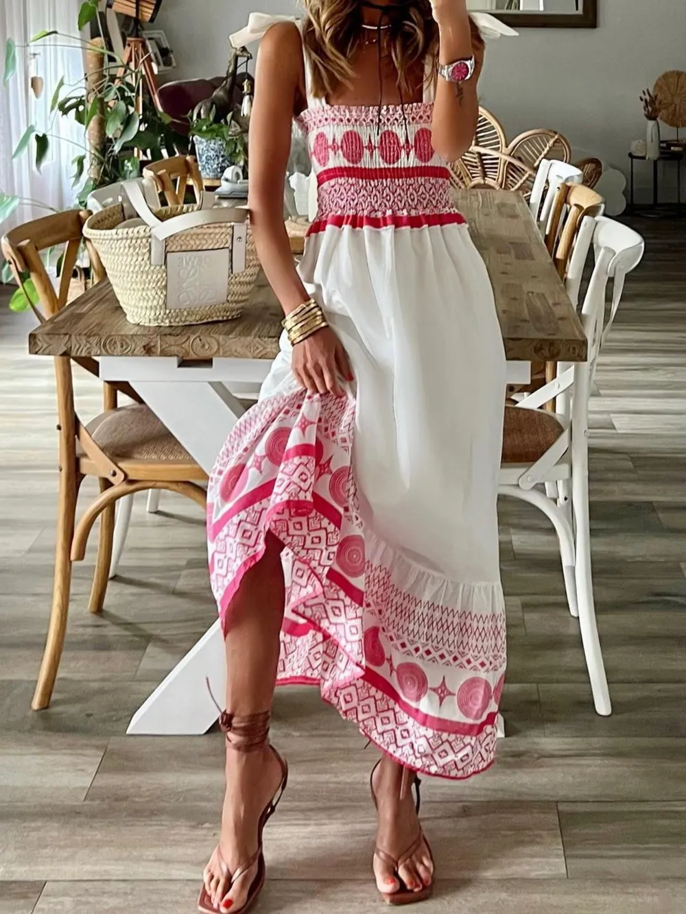 Smocked Printed Tie Shoulder Maxi Dress, image 4