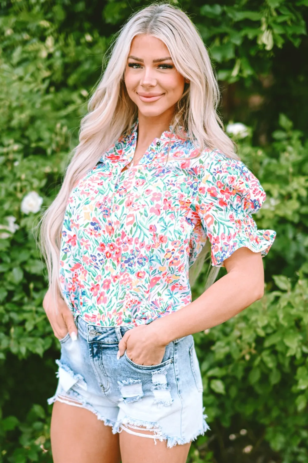 Printed Notched Short Sleeve Blouse, image 10
