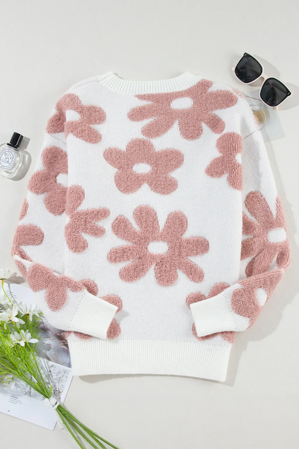 Flower Round Neck Long Sleeve Knit Top, image 10