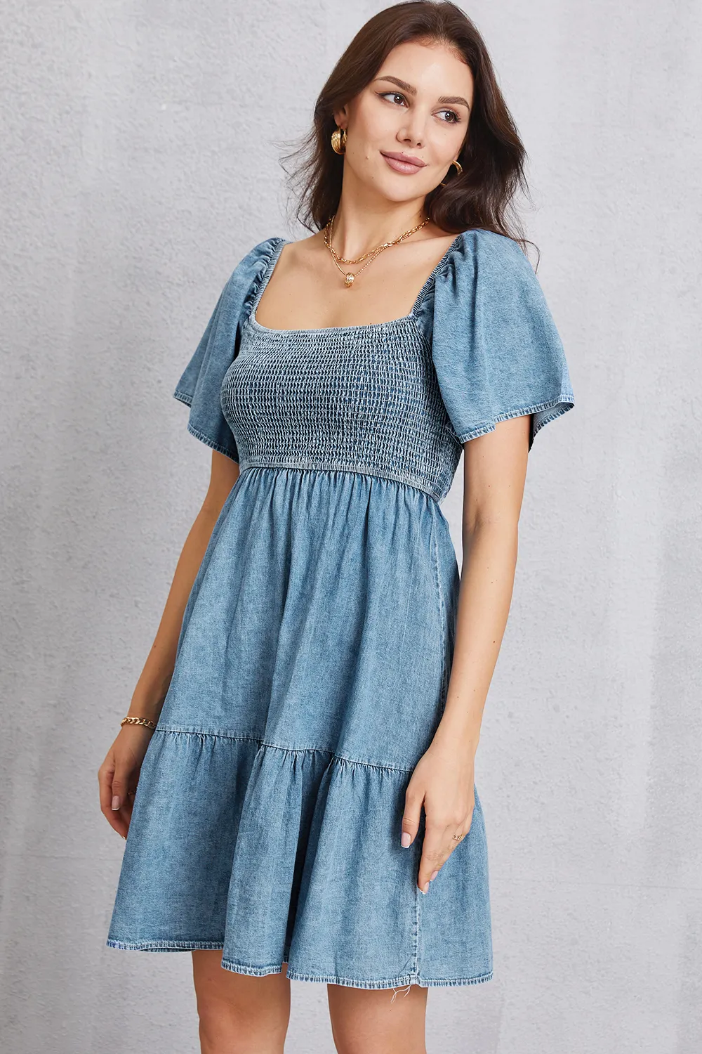 Smocked Square Neck Mini Denim Dress, image 3