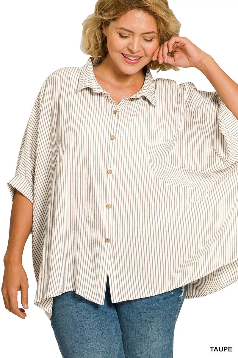 Full Size Woven Stripe Button Down Boxy Shirt Plus Size, image 4
