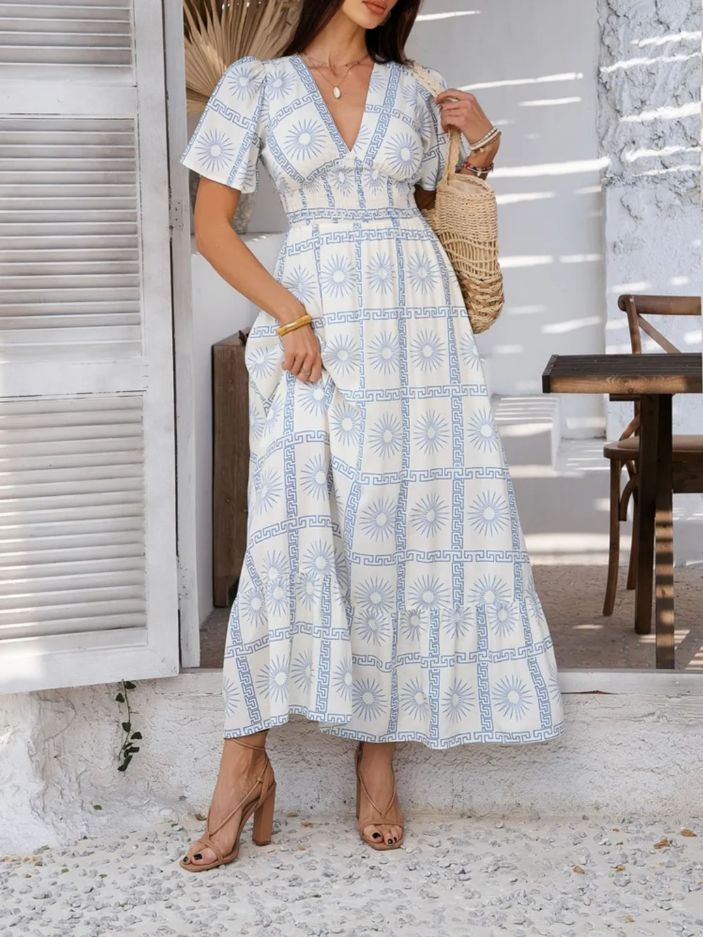Smocked Printed V-Neck Short Sleeve Maxi Dress, image 4